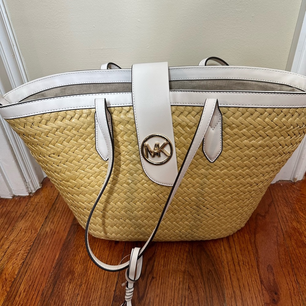 Michael Kors Straw Tote – White Leather Trim – Large – New Without Tags